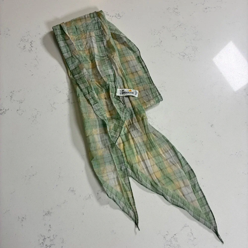 Vtg Liz Claiborne Scarf Plaid Silk Sheer Preppy Cottagecore Spring Style Pastel